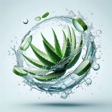 Aloe Vera Kaktus gr&uuml;ne Bl&auml;tter und Scheiben umsp&uuml;lt von Wasser Spritzern frische Gel  Kosmetik Produkt gesund nat&uuml;rliche Sch&ouml;nheit Pflege schwebend 3D rund isoliert auf hellem Hintergrund Vorlage Di&auml;t