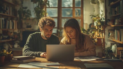 Concentrated young colleagues using laptop and analyzing documents while working remotely at home