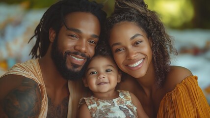 Obraz premium Close up of a happy family, smiling parents with their adorable baby girl, enjoying a tender moment of togetherness