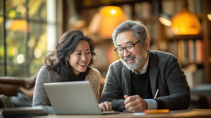 Happy retired professionals enjoying working on a laptop together in a library cafe, collaborating on a project and enjoying each other's company
