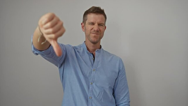 Man frowning with thumbs down gesture in front of white wall wearing blue shirt expressing disapproval and negativity isolated against plain background