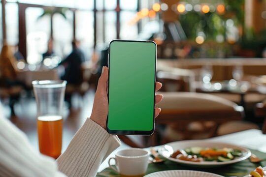 A person holding up a phone with a green screen, great for presentations or tech-related concepts