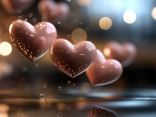 Obraz premium Valentine's Day Romantic Background. Floating Pink Hearts on a Bokeh Background