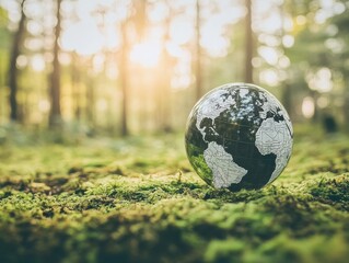A glass globe sits on the mossy ground in the forest, surrounded by lush greenery and sunlight filtering through the trees setting for eco-friendly messages or environmental themes Generative AI