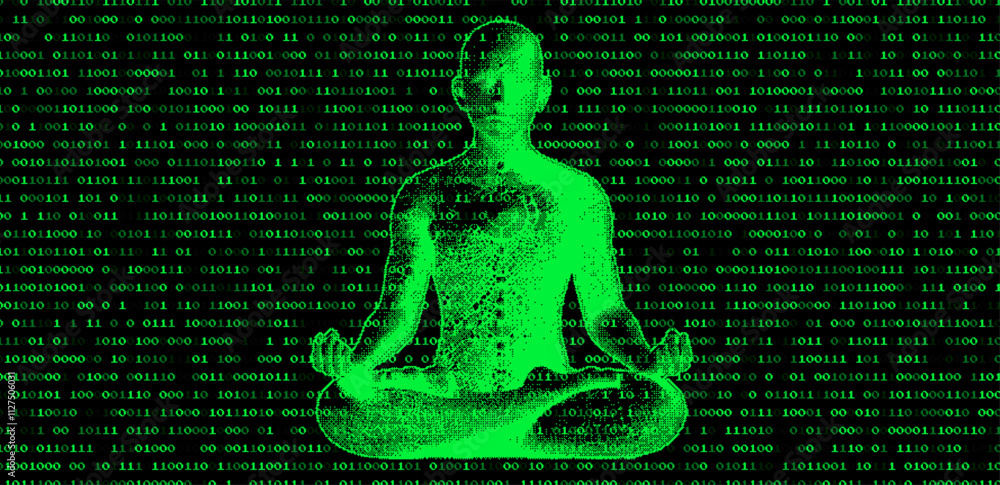 Poster Pixel art man in lotus pose on background with binary code. Conceptual vector illustration of the fusion of technology and spirituality.