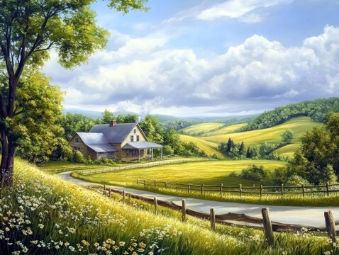 Farmhouse, rolling hills, sunny countryside scene.