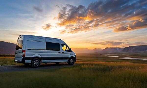 Campervan parked overlooking scenic sunset landscape with mountains and river.