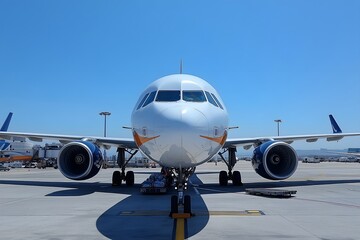 Naklejka premium Airplane on runway under bright blue sky during daytime