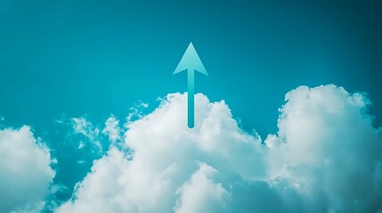 Fototapeta premium Upward arrow soaring above fluffy clouds in a vibrant blue sky, symbolizing growth, success, and progress.