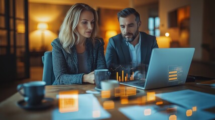 Two businesspeople are working late at night in a modern office, analyzing financial charts and data on a laptop, with augmented reality graphics overlayed