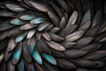 Fototapeta premium Close-up of vibrant iridescent feathers in spiral pattern