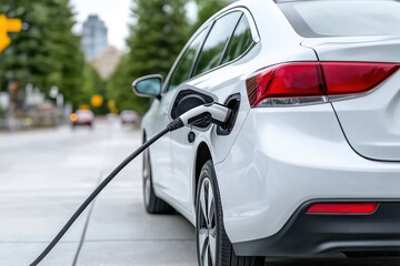 Electric vehicle charging on a city street amid urban scenery