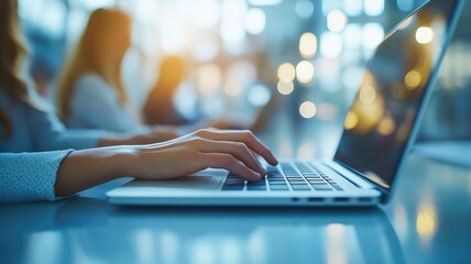 Close up of female hands typing on a laptop keyboard in a bustling office environment, illuminated by soft bokeh lights at night
