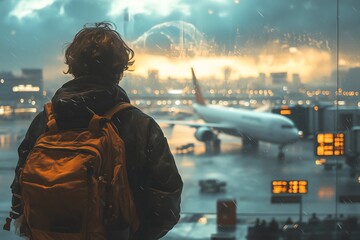 Traveler watching the sunset at the airport during rain