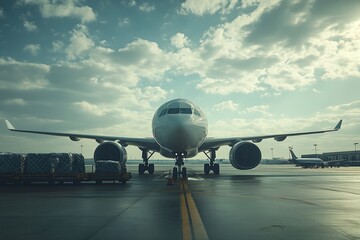 Aircraft parked on runway with cargo awaiting transport