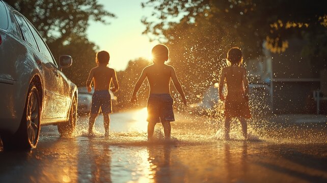 Three children splashing in a puddle on a residential street at sunset, enjoying summer fun
