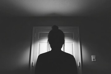Obraz premium Silhouette of female adult in dark room with doorway light