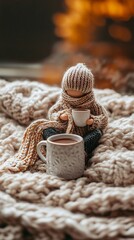 A small figure is sitting on a blanket with a mug of coffee. The figure is wearing a knit hat and scarf