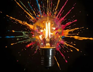 light bulb explode splash of colorful paint showcasing creativity and innovation concept isolated on black background
