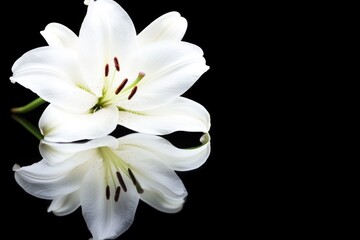 Fototapeta premium Elegant white lily flower with reflection on black background