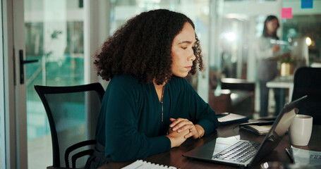 Laptop, research and reading with business woman in office for public relations specialist, press...