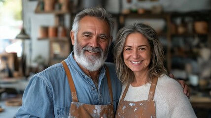 Portrait of two happy senior potters smiling in their ceramics workshop, they are wearing aprons and are proud of their work