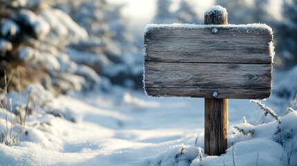 Winter wooden road sign board with snow vector. Christmas wood texture signboard frame. Blank frozen billboard plank for xmas. 3d realistic stick pointer signage isolated ui snowy timber plate set.