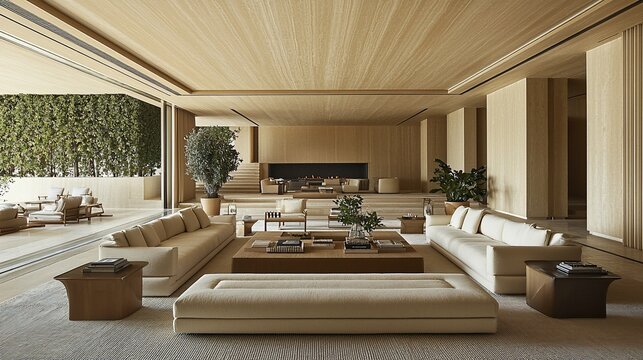 Modern minimalist living room with wood ceiling, large sectional sofa, and outdoor access.