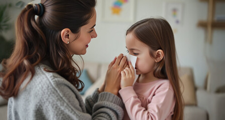 A nurturing woman assists a young boy with a tissue, conveying care and warmth in a cozy, softly decorated room.