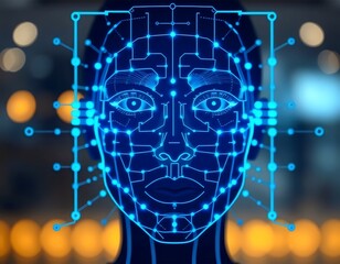 digital face scan with glowing blue lines and dots mapping facial features, symbolizing advanced biometric technology and AI recognition