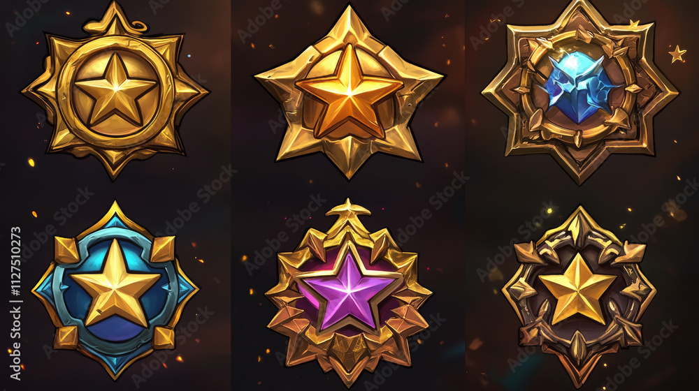 Poster game golden badges of level number with rating stars isolated on background. vector cartoon icons se
