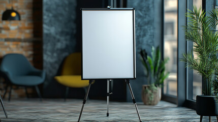 Black metallic tripod with whiteboard for presentation. Realistic 3d vector mockup of blank flipchart on metal stand for business and education seminar. template of empty portable projector screen.
