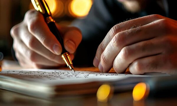 Close-up of hands writing in a notebook with a fountain pen.