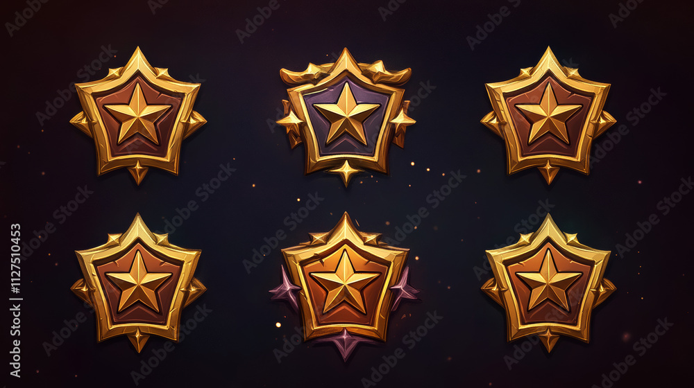 Aufkleber game golden badges of level number with rating stars isolated on background. vector cartoon icons se