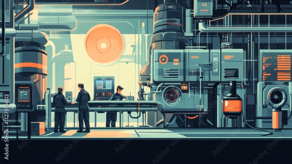 Poster futuristic factory interior with workers monitoring advanced machinery and complex systems.