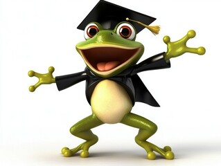 A joyful frog adorned with a graduation cap, leaping with delight against a pristine white backdrop, signifies accomplishment and festivity in the realm of education.