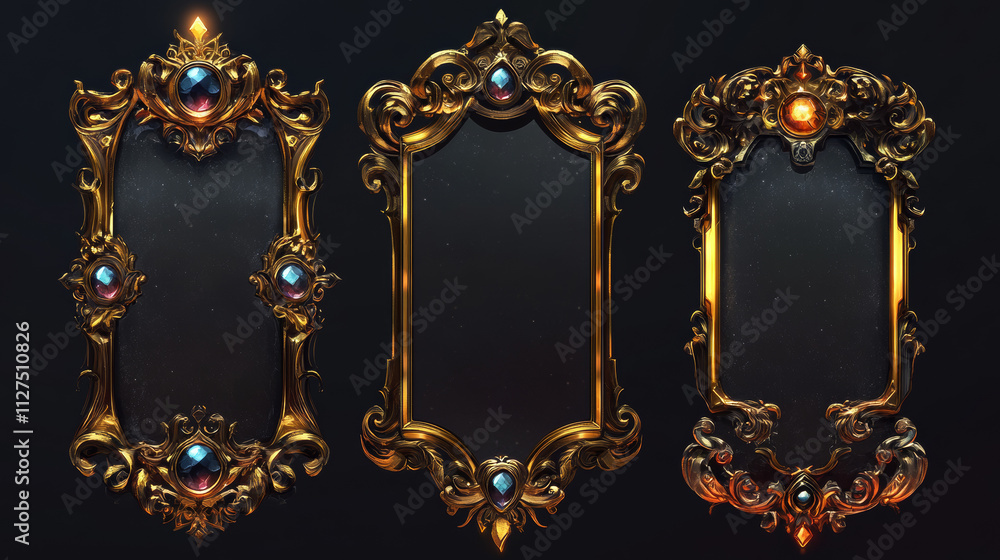 Aufkleber medieval golden button frame for fantasy game ui isolated on dark background. rpg interface element 