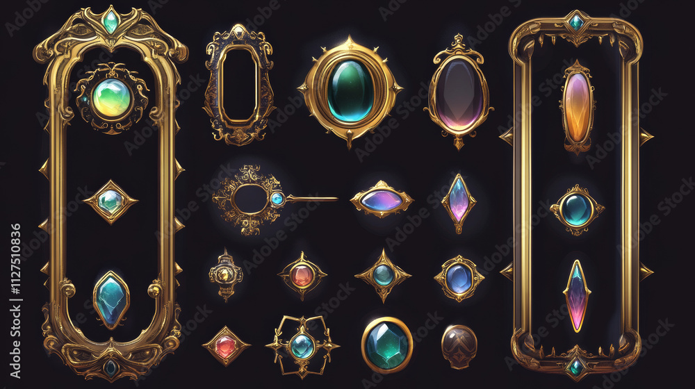 Poster medieval golden button frame for fantasy game ui isolated on dark background. rpg interface element 