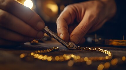 A jeweler carefully measuring a gold chain with calipers on a velvet-lined table.