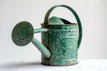 Watering can with green handle sits on a table