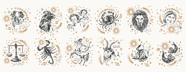 Hand drawn zodiac signs illustration, planets, sun, moon, stars.