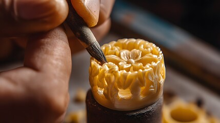 A jeweler carving a wax mold for a custom gold ring in a traditional workshop.