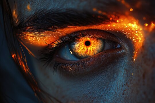 A close-up view of a person's eye with an eerie glow, suitable for use in horror or sci-fi contexts