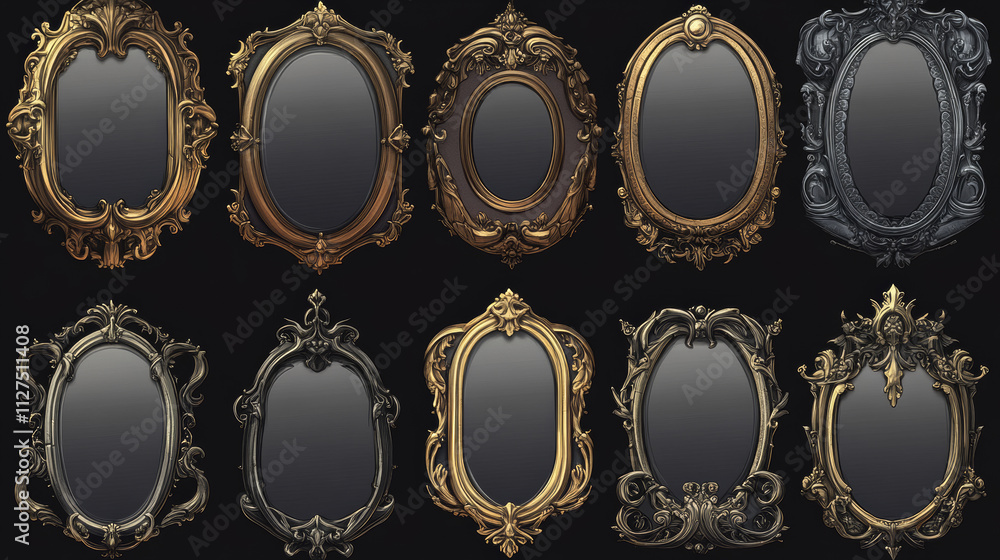 Poster fantasy decoration game ui frame for avatar or menu banner. golden, wooden and silver oval and recta