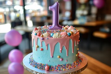 Decorative Birthday Cake With a Purple Number One Candle at a Celebration in a Cafe With Balloons and Colorful Decorations