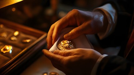A jeweler polishing a vintage brooch with a soft cloth under warm lighting.