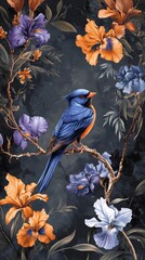 Old style illustration of a bird on branches with flowers