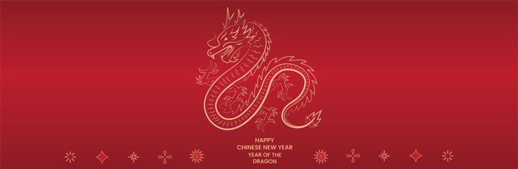 Chinese new year, year of the dragon banner template design with dragons, Gold line for background lunar new year isolated in red