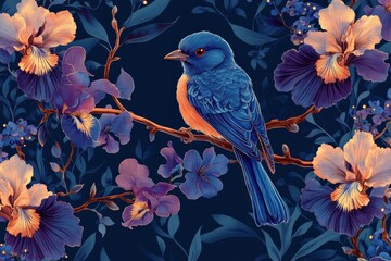 Old style illustration of a bird on branches with flowers