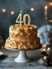 Celebration Cake With Golden 40 Candle Highlighting a Milestone Birthday Party Ambiance